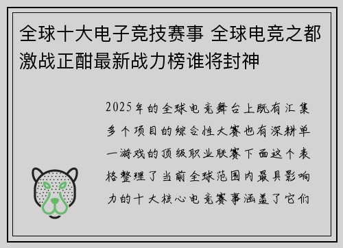 全球十大电子竞技赛事 全球电竞之都激战正酣最新战力榜谁将封神